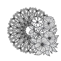 Intricate Black and White Floral Mandala Design for Relaxation and Coloring Therapy