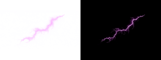 Split illustration with transparent PNG and black background showing a thin minimalist purple lightning bolt.