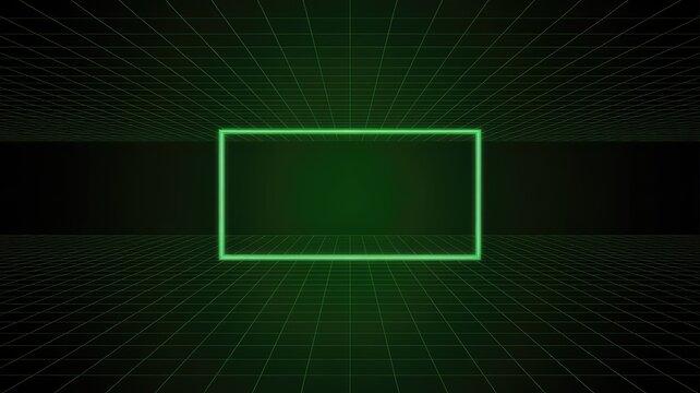 Futuristic neon green rectangle on dark grid background for tech presentations - Powered by Adobe