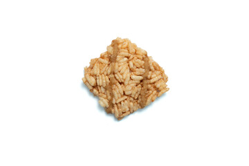 Thai crispy rice crackers with sweet caramel syrup isolated on white background. Top view.