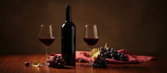 Red wine bottle standing between two glasses filled with red wine, accompanied by fresh grapes and a cloth on a wooden table, creating a still life scene