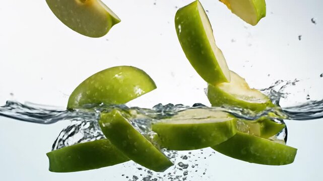 Fresh green apple slices splashing into clear water, a refreshing moment of healthy eating and culinary preparation captured in motion.