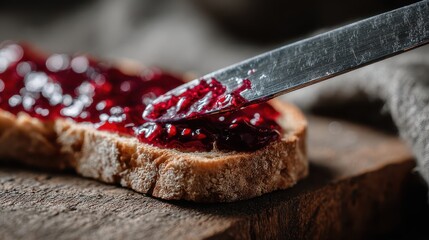 Close-up of a knife spreading glossy red jam on a slice of rustic bread with a blurred background