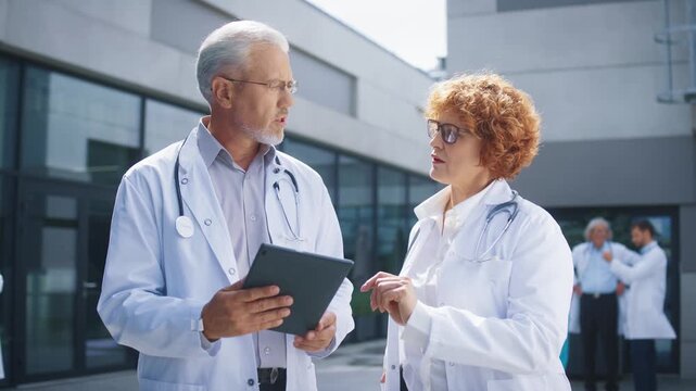 Two senior doctors standing outside hospital building reviewing tablet and holding focused posture. Caucasian specialists analyzing patient information together. Medical staff in background.