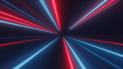 Vibrant red and blue neon lights radiate from a dark futuristic tunnel