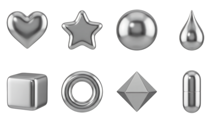 Chrome geometric shapes set including heart, star, sphere, drop, cube, torus, octahedron, and capsule isolated. Metallic design element collection.