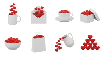 Red heart set including mug, envelope, cup, box, bowl, bag, pitcher, and pyramid arrangements. Valentine celebration and romantic gift collection.