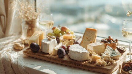 Delicious assorted cheese platter with fresh fruit nuts crackers and wine on bright ill