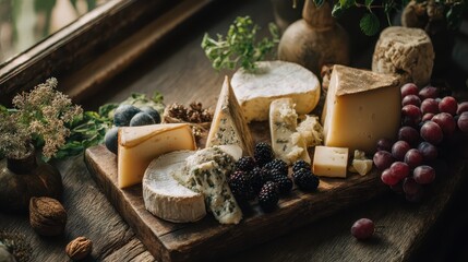 Assorted gourmet cheese platter with grapes nuts herbs and rustic wooden board for dining or entertaining