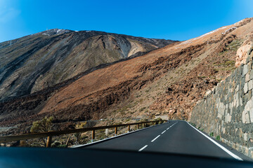 Volcanic landscape of Teide National Park, Tenerife, Spain. View on snowcapped Mount Teide.
