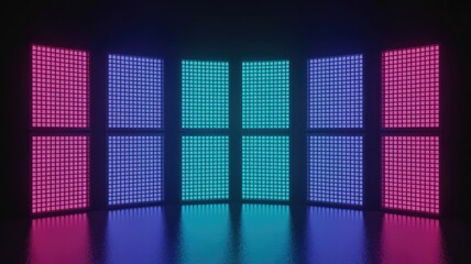 Vibrant neon grid pattern in dark room with colorful reflections