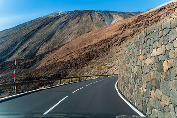 Volcanic landscape of Teide National Park, Tenerife, Spain. View on snowcapped Mount Teide.