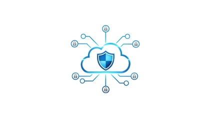 Glowing blue cloud icon with shield isolated on transparent background