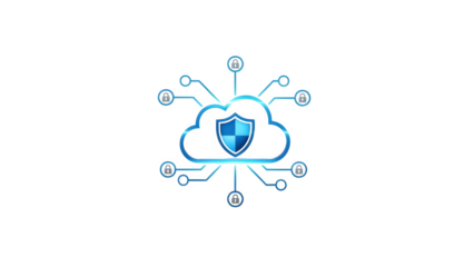 Glowing blue cloud icon with shield isolated on transparent background