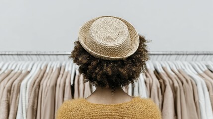 Stylish woman with hat facing wardrobe of neutral clothing for autumn inspiration