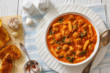 italian Meatball Fusilli Soup with Toast Top View