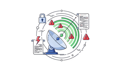 Satellite dish with warning symbols isolated on transparent background