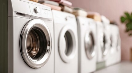Modern laundry room with row of washing machines and folded towels