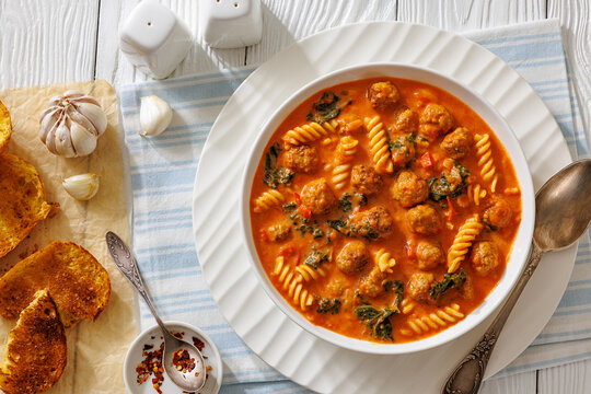 italian Meatball Fusilli Soup with Toast Top View