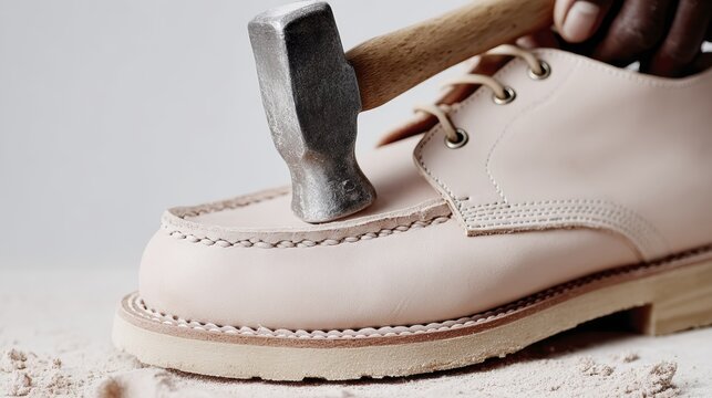 Hammer striking leather boot: craftsmanship and durability in shoe making - Powered by Adobe