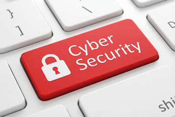 Close-up of a red "Cyber Security" keyboard button with a padlock icon. Concept of data protection, digital safety, and network encryption in a modern office environment.