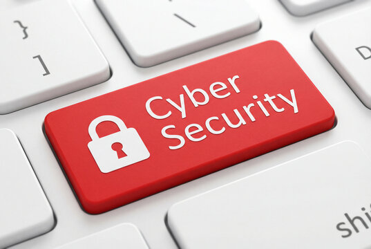 Close-up of a red "Cyber Security" keyboard button with a padlock icon. Concept of data protection, digital safety, and network encryption in a modern office environment. - Powered by Adobe