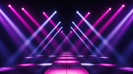 Vibrant pink and blue stage lights shining on empty runway