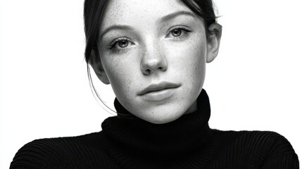 Elegant studio portrait of a freckled female model in a black knit turtleneck with dramatic shadows