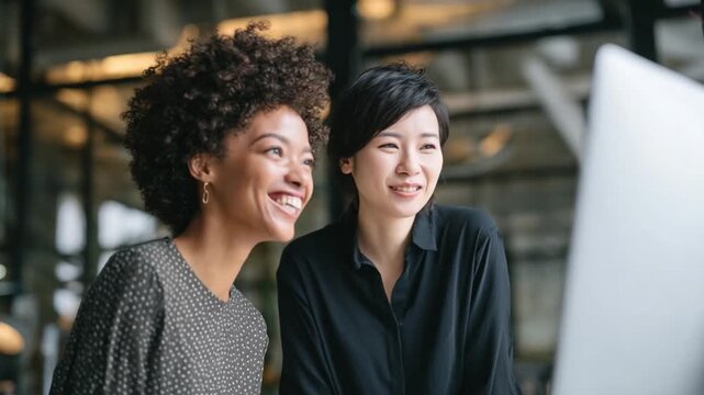 Shared Vision: Two women collaborate, their faces alight with smiles as they focus on a shared computer screen, capturing the essence of partnership and mutual success.