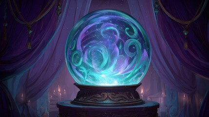 Enchanted glass orb radiating color and prophecies amid velvet curtains