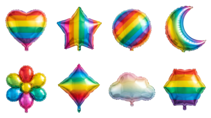 Rainbow foil balloon set including heart, star, moon, flower, cloud, round, diamond, and hexagon shapes isolated. Party decoration and celebration elements.