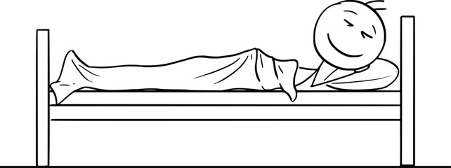 Smiling person happily sleeping in bed, vector cartoon stick figure or character illustration.