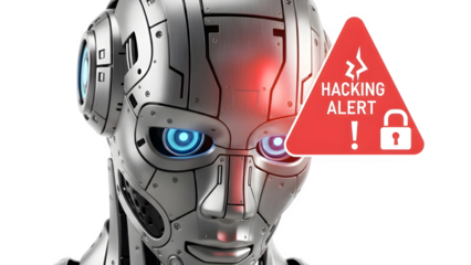 Robot head with hacking alert on isolated on transparent background