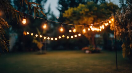 Evening backyard decor featuring string lights and a vibrant green bokeh backdrop with text area
