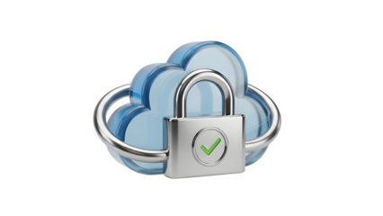 Cloud storage security concept with padlock isolated on transparent background