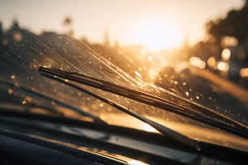 Evening sunbeam on car windshield showing wiper streaks and a wide area for text