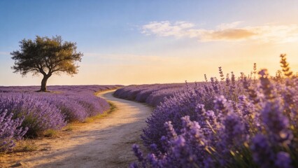 Fototapeta premium Lavender field with tree and path