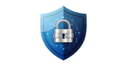 Shield with a silver padlock isolated on transparent background