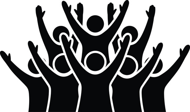 Black and white silhouette of multiple hands raised up with the word Whisk in the center for community branding and teamwork or kitchen staff and culinary group projects in a simple design