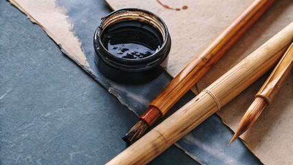 Bamboo dip pens and a pot of black ink resting on parchment paper