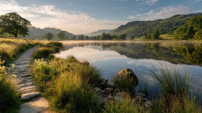 Expansive lakeside scene at Rydal Water with still reflections and soft morning light