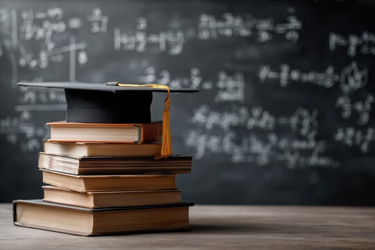 Stack of books with a graduation cap on top, standing against the background of a chalkboard filled with mathematical formulas. - Powered by Adobe