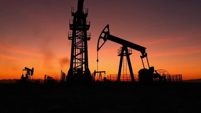 Oil rigs operate at sunset in a deserted industrial landscape environment