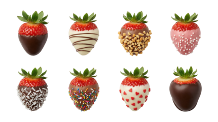 Chocolate covered strawberry set including dark, white, and pink dipped berries with various sprinkles, nuts, and toppings isolated. Valentine's day dessert collection.