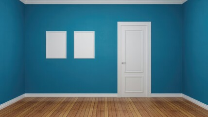Empty blue room with white door and blank picture frames