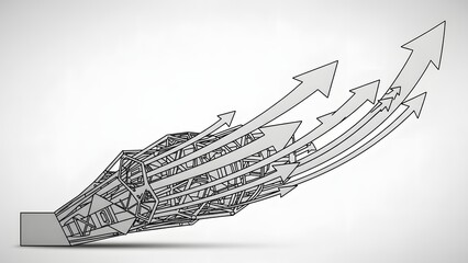 Technical wireframe construction with multiple upward arrows showing architectural progress and engineering data