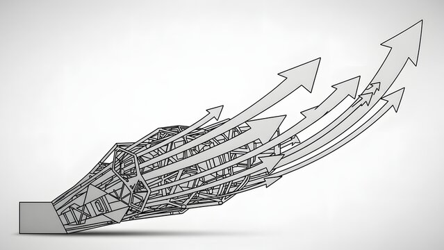 Technical wireframe construction with multiple upward arrows showing architectural progress and engineering data - Powered by Adobe