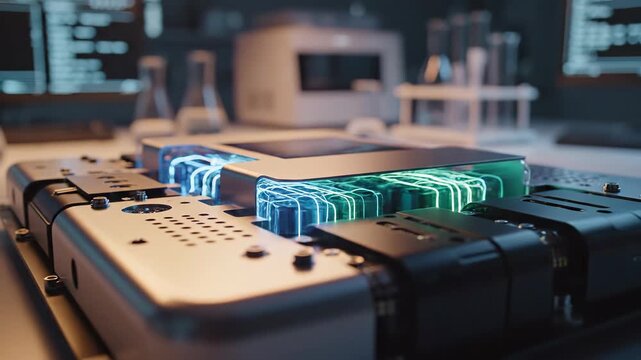 Advanced quantum computer with glowing circuit components in high-tech laboratory environment