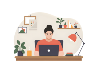 Woman Working on Laptop at Desk with Plants and Desk Lamp, Cozy Home Office Setup Isolated on Transparent Background