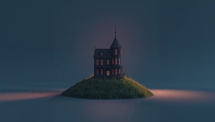 Naklejka premium Enchanted Minuscule House on Isolated Hill Amidst Foggy Atmosphere